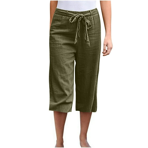 ABATAB Womens Capri Pants Casual High Waisted Cotton Linen Lounge Capris Drawstring Loose Crop Trousers with Pockets