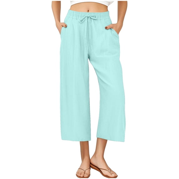 ABATAB Womens Capri Pants Wide Leg Cotton Linen Drawstring Capris Summer Baggy Loose Beach Crop Pants with Pockets