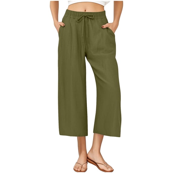 ABATAB Womens Capri Pants Wide Leg Cotton Linen Drawstring Capris Summer Baggy Loose Beach Crop Pants with Pockets