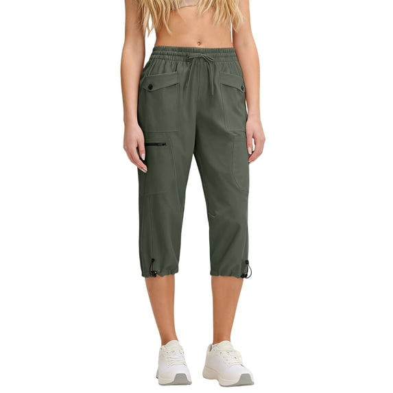 ABATAB Womens Capris Drawstring Mid Waisted Cinch Bottom Cargo Pants Outdoor Hiking Fishing Travel Trousers with Pockets
