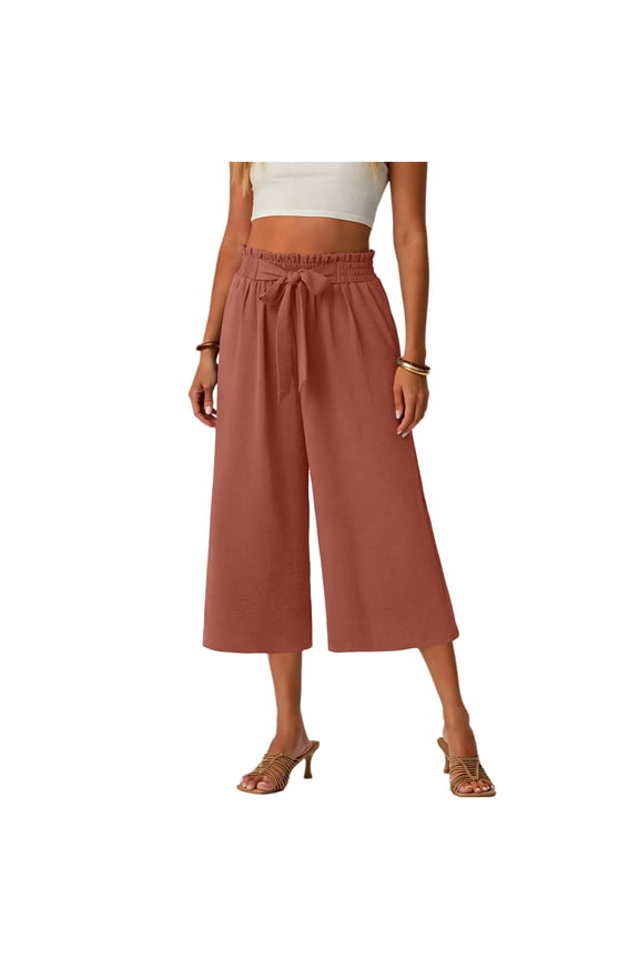 Womens Capris Ruffle Waist Bow Knot Tie Loose Trousers Wide Leg Casual Summer Capri Pants for Beach Vacation