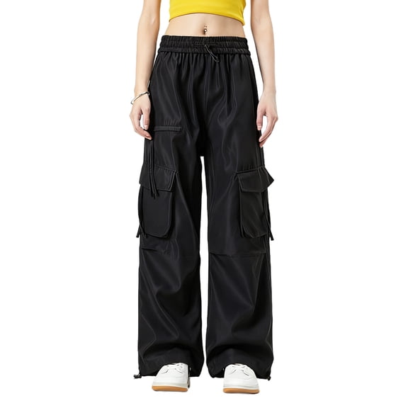 ABATAB Womens Cargo Pants Work Casual Wide Leg Drawstring Elastic Waisted Outdoor Palazzo Baggy Trousers with Pockets