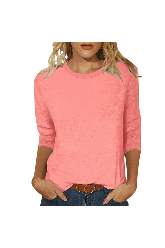 Womens Casual 3/4 Sleeve T-Shirts Soft Crew Neck Tops Trendy Loose Fit Solid Color Dressy Shirts Soft Office Work Tee Blouses(Small,Orange 1)