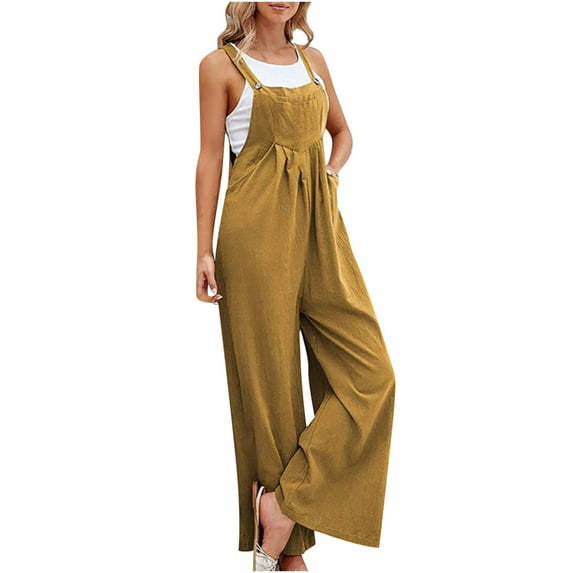 ABATAB Womens Casual Jumpsuits Side Pocket Loose Fit Overalls One Piece Sleeveless Wide Leg Long Pant Romper Fashion Outfits