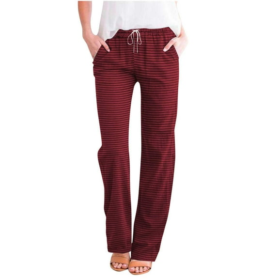 ABATAB Womens Casual Pants Drawstring Loose Fit Striped Pants Lightweight Elastic Waist Summer Trousers with Side Pockets