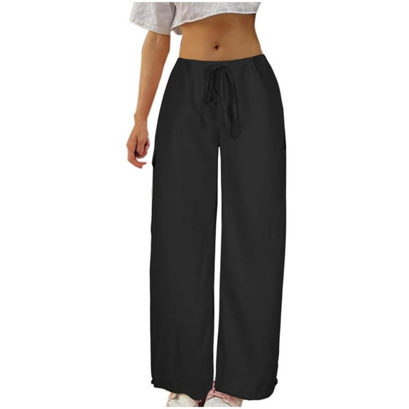 ABATAB Womens Casual Pants Wide Leg Low Waist Yoga Palazzo Trousers Casaul Pure Color Drawstring Beach Vacation Outfits