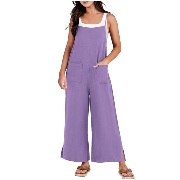ABATAB Womens Casual Rompers Sleeveless Loose Fit Side Splits Jumpsuits Cotton Linen Long Pants Trendy Romper with Pockets
