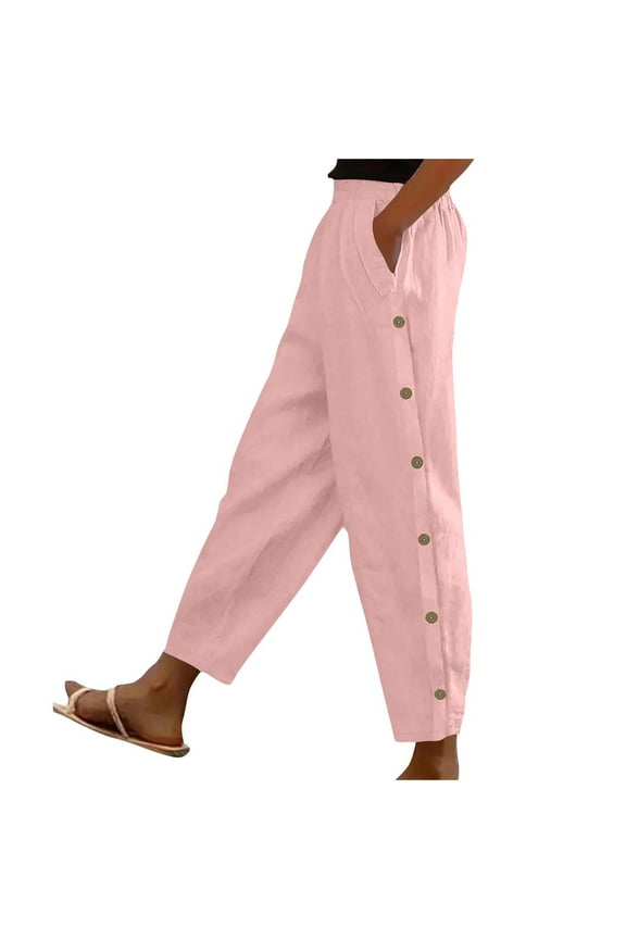 Womens Cotton Linen Pants Casual Button down Pants High Waisted Wide Leg Loose Fit Lounge Trousers with Pockets