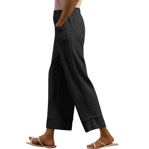ABATAB Womens Cotton Linen Pants Elastic Waist Casual Palazzo Pants Wide Leg Baggy Full Length Solid Trousers with Pockets