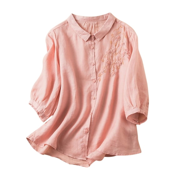 ABATAB Womens Cotton Linen Shirts Button down Short Sleeve Shirt Summer Vintage Tops Blouses Casual Lightweight Clothes