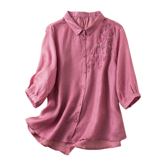 ABATAB Womens Cotton Linen Shirts Button down Short Sleeve Shirt Summer Vintage Tops Blouses Casual Lightweight Clothes