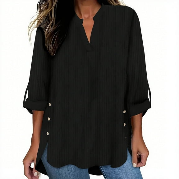 ABATAB Womens Cotton Linen Shirts Plus Size Long Sleeve Button Side Slit Trendy T-Shirts Casual Pleated V-Neck Travel Vacation Tops(XX-Large,Black)