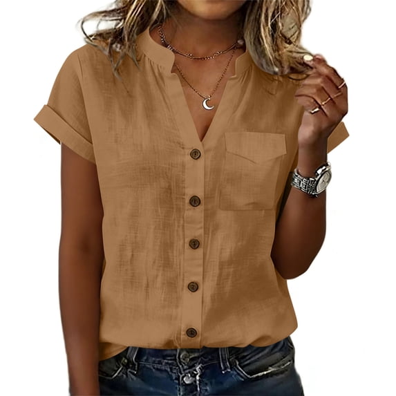 ABATAB Womens Cotton Linen Tops Rolled Short Sleeve V Neck Tee Thin Button Down Shirts Summer Beach Clothes with Pocket