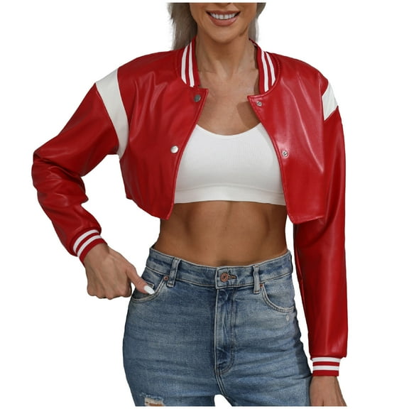 ABATAB Womens Cropped Baseball Jackets Long Sleeve Leather Fashion Motorcycle Coats Casual Button down Streetwear Outerwear(XX-Large,Red)