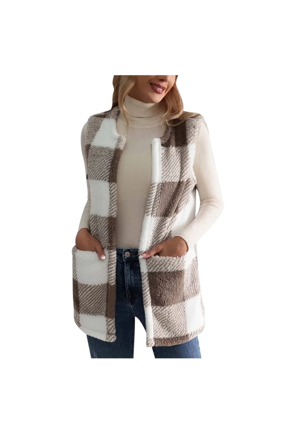 Womens Fuzzy Fleece Plaid Vests Trendy Sleeveless Open Front Sherpa Lined Waistcoat Cardigans Comfy Winter Dusters Gilet with Pockets(Large,Khaki)