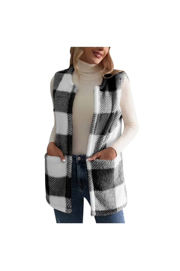Womens Fuzzy Fleece Plaid Vests Trendy Sleeveless Open Front Sherpa Lined Waistcoat Cardigans Comfy Winter Dusters Gilet with Pockets(Medium,Black)