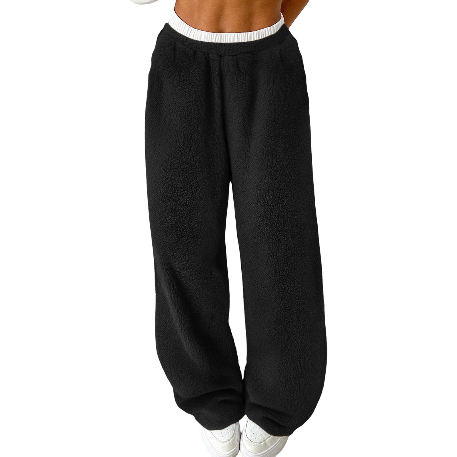 Unisex Black Fleece Pants With Pockets And Elastic Waist For Spring Warm Casual Wear