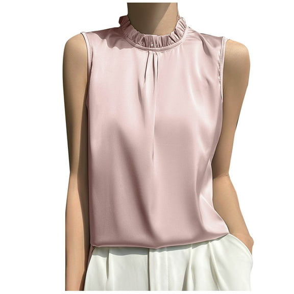 ABATAB Womens Ice Silk Satin Cami Soft Mock Ruffle Neck Sleeveless Loose Tank Tops Basic Summer Trendy Cami Shirt