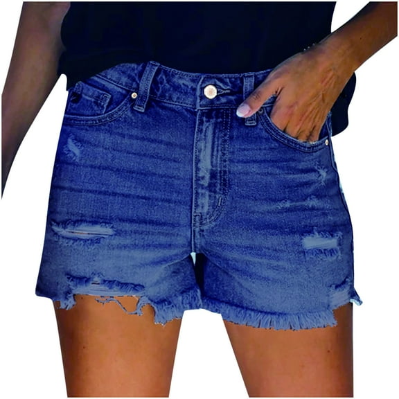 ABATAB Womens Jean Shorts Stretchy Ripped Distressed Shorts High Waisted Hem Trendy Denim Shorts with Pockets