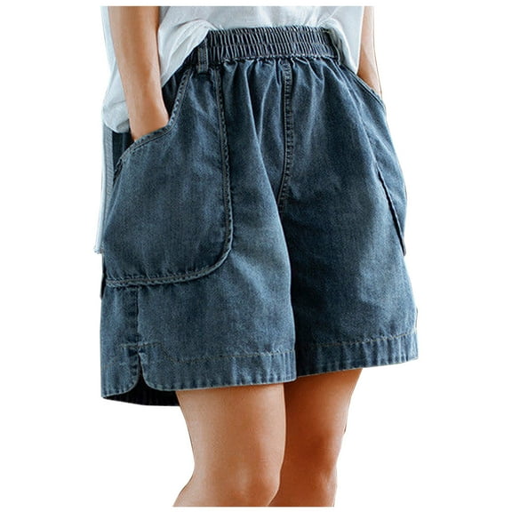 ABATAB Womens Jean Shorts Casual Loose Fit Denim Shorts Wide Leg Elastic Waisted Fashion Denim Shorts with Deep Pockets