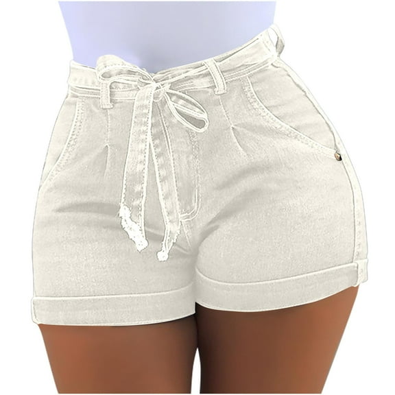 ABATAB Womens Jean Shorts for Women Tight Summer Stretchy Drawstring Roll up Hem Denim Shorts with Pockets
