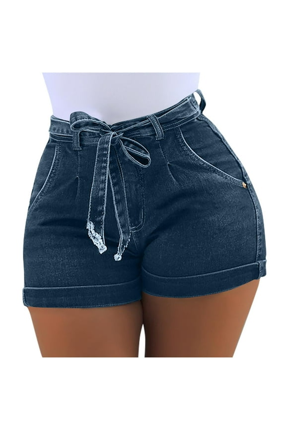 Womens Jean Shorts for Women Tight Summer Stretchy Drawstring Roll up Hem Denim Shorts with Pockets