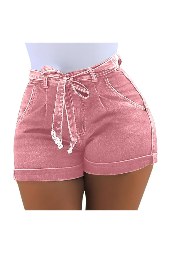 Womens Jean Shorts for Women Tight Summer Stretchy Drawstring Roll up Hem Denim Shorts with Pockets