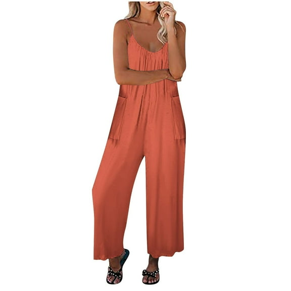 ABATAB Womens Jumpsuit Loose Sleeveless Spaghetti Strap Baggy Overalls Casual Long Pants Rompers with Deep Pockets