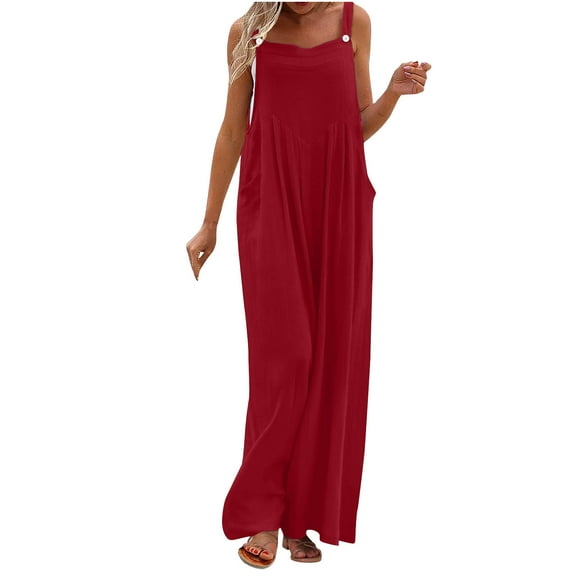 ABATAB Womens Jumpsuits Casual One Piece Summer Outfits Square Neck Sleeveless Wide Leg Long Pants Rompers with Pockets