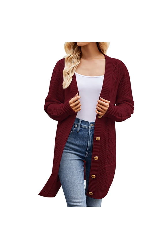 Womens Open Front Sweater Cardigans Fashion Button down Cable Knitwear Dusters with Pockets Winter Long Sleeve Outerwear Coats(Medium,Red)