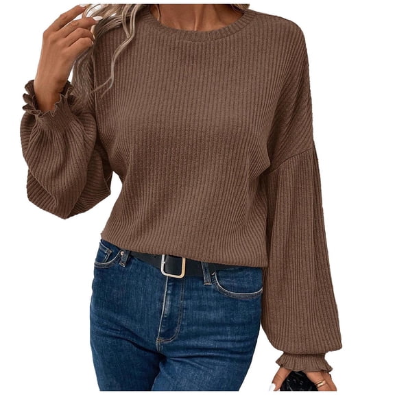 ABATAB Womens Oversized Sweaters Casual Lantern Long Sleeve Crewneck Chunky Knit Loose Ribbed Knit Pullove Tops Clothes