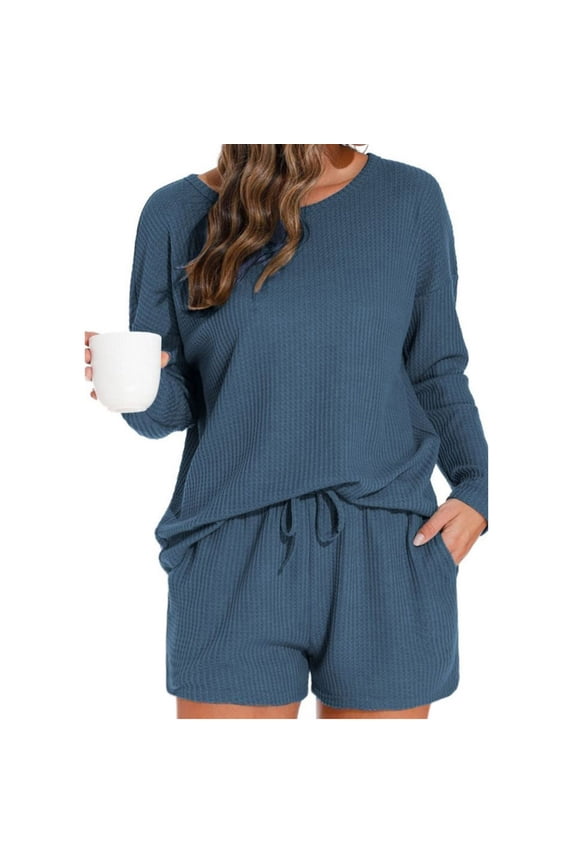 Womens Pajama Sets Long Sleeve Top and Shorts Knit Matching Loungewear Casual Sweatsuit Outfits with Pockets