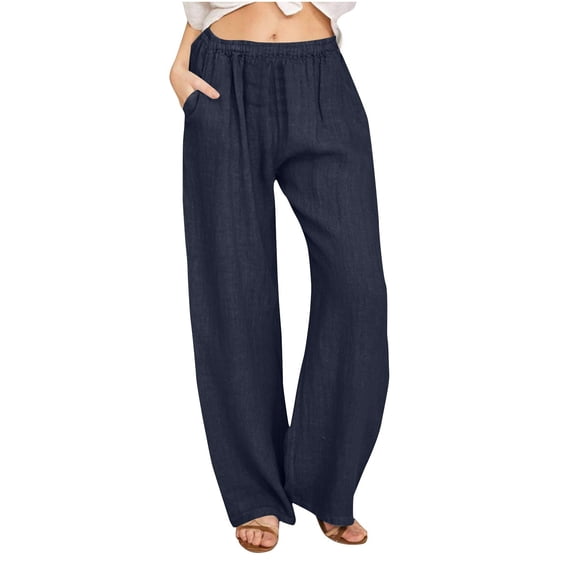 ABATAB Womens Palazzo Pants Casual Flowy Cotton Linen Pants Wide Leg Summer Beach Vacation Trousers with Pockets