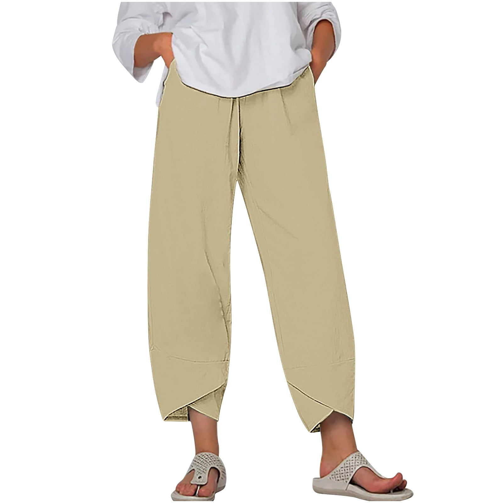 ABATAB Womens Pants Elastic Waist Ankle Length Pants with Pockets ...