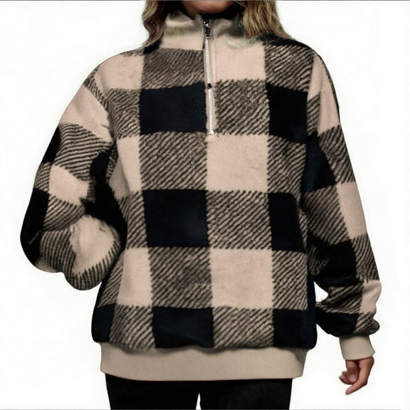 ABATAB Womens Plaid Printed Sweatshirts Sherpa Lined 1/4 Zipper Pullover Fall Winter Clothes Long Sleeve Stand Neck Fleece Tops(X-Large,Khaki)