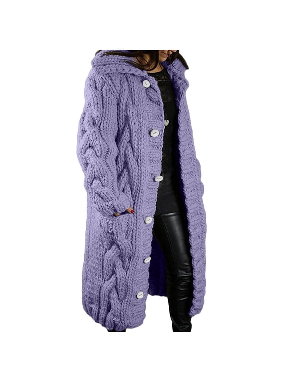 Womens Plus Size Long Sweater Jackets Warm Open Front Long Sleeve Cable Knitted Dusters Outerwear Fall Winter Button down Coats(3X-Large,Purple)