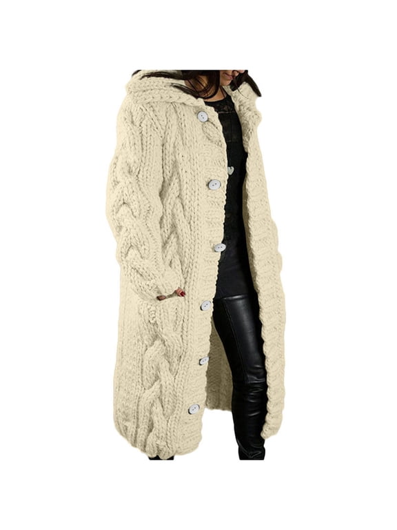 Womens Plus Size Long Sweater Jackets Warm Open Front Long Sleeve Cable Knitted Dusters Outerwear Fall Winter Button down Coats(5X-Large,Beige)