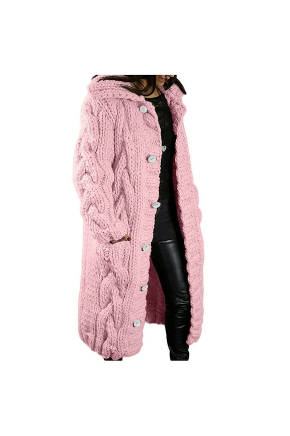 Womens Plus Size Long Sweater Jackets Warm Open Front Long Sleeve Cable Knitted Dusters Outerwear Fall Winter Button down Coats(Large,Pink)