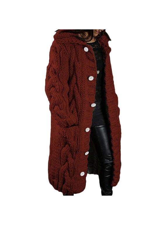 Womens Plus Size Long Sweater Jackets Warm Open Front Long Sleeve Cable Knitted Dusters Outerwear Fall Winter Button down Coats(X-Large,Wine)