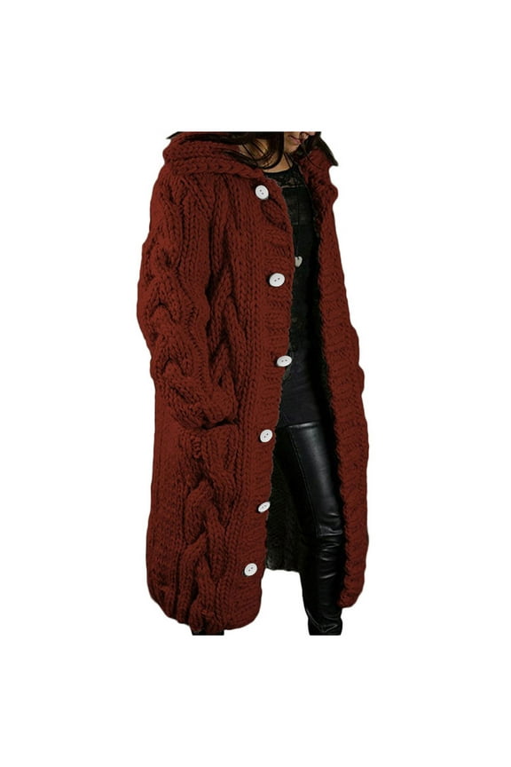 Womens Plus Size Long Sweater Jackets Warm Open Front Long Sleeve Cable Knitted Dusters Outerwear Fall Winter Button down Coats(X-Large,Wine)
