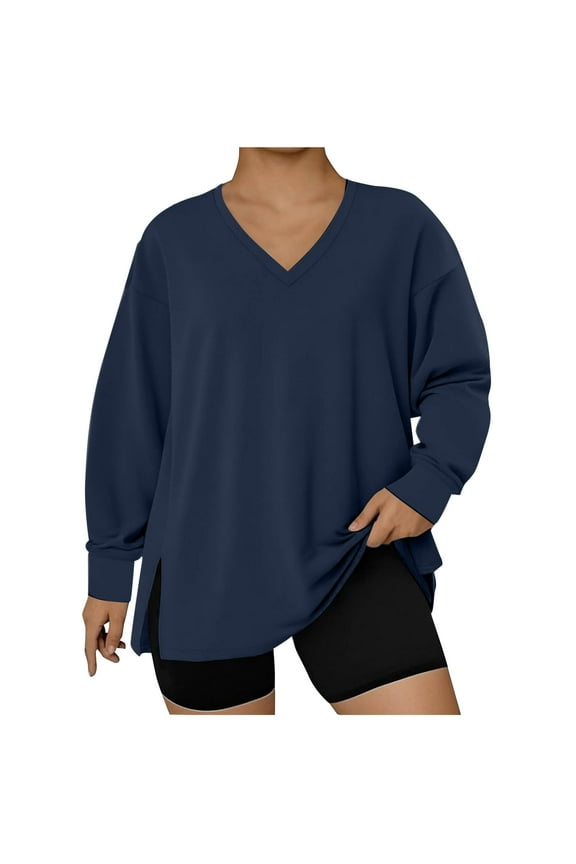 Womens Plus Size Side Slit Sweatshirts Long Sleeve V Neck Cute Tunic Tops Fall Winter Casual Lightweight Pullover Shirt