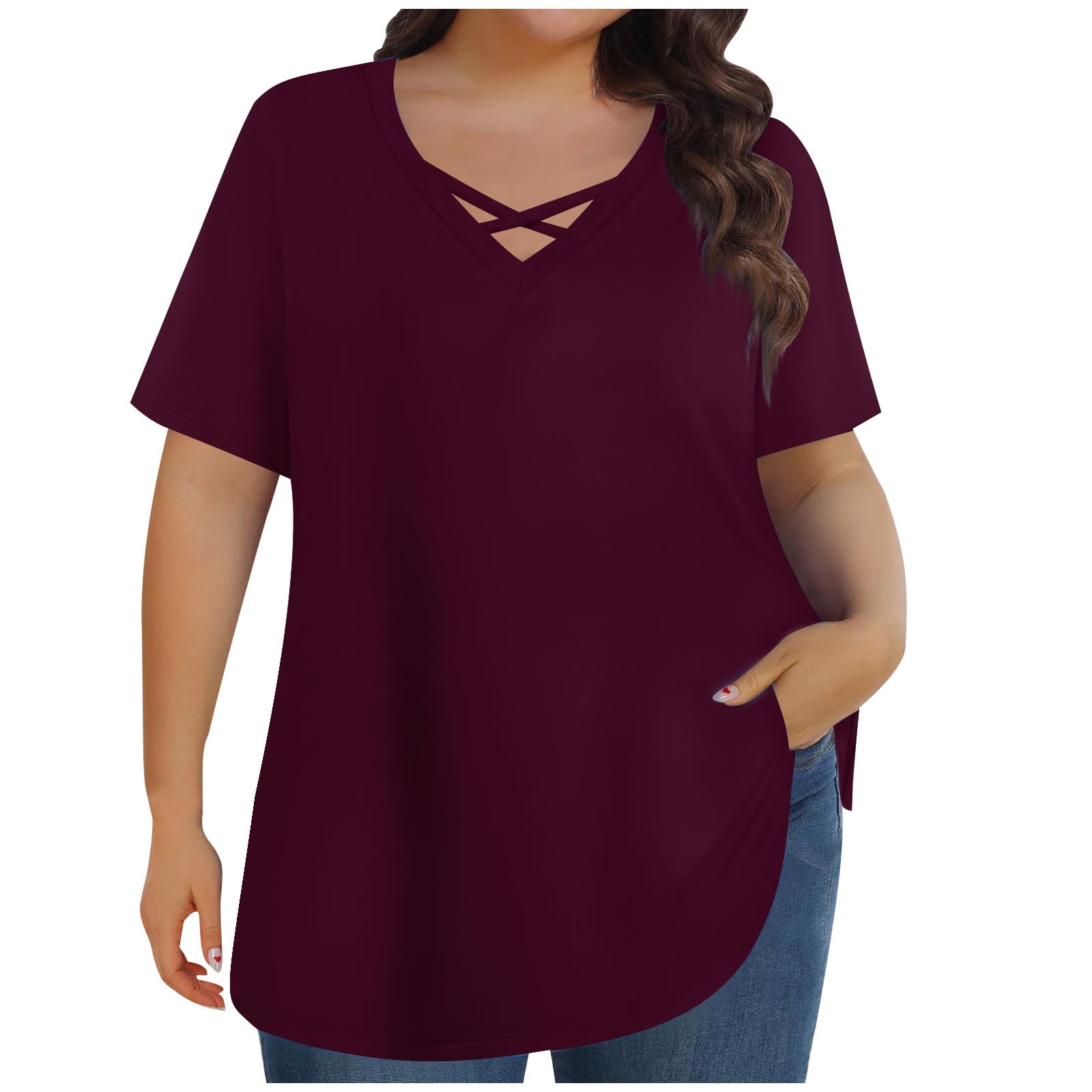 ABATAB Womens Plus Size Tops Lightweight V Neck Criss Cross Short ...