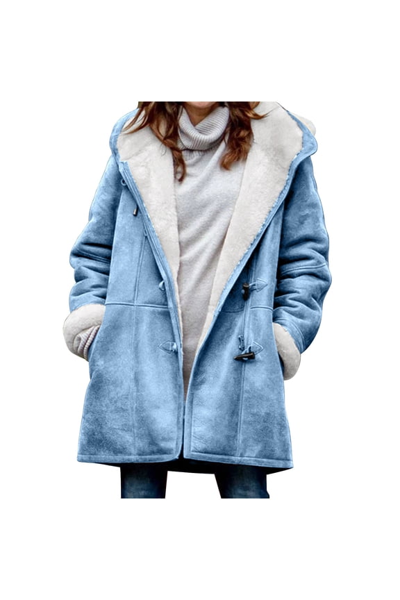 Womens Plus Size Winter Coats Warm Sherpa Fleece Lined Jackets Hooded Parka Long Sleeve Coat Outerwear with Pockets(Large,Light Blue 1)