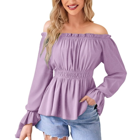ABATAB Womens Renaissance Blouses Trendy off Shoulder Pullover Tops Medieval Long Sleeve Ruffle Tunic Clothes Ladies Fashion(Small,Purple)