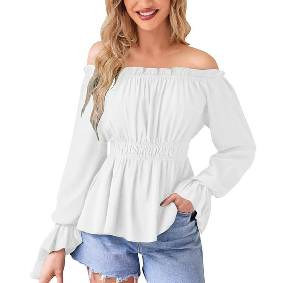 ABATAB Womens Renaissance Blouses Trendy off Shoulder Pullover Tops Medieval Long Sleeve Ruffle Tunic Clothes Ladies Fashion(X-Large,White)