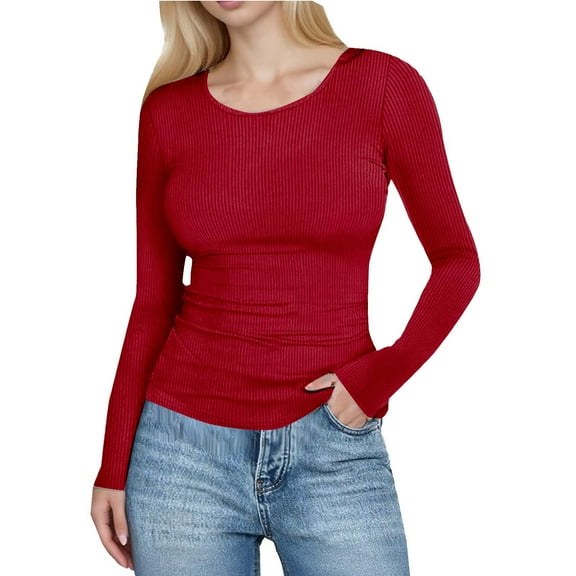 ABATAB Womens Ribbed Long Sleeve Shirts Crewneck Tunic Tops Casual Lightweight Slim Basic Fitted Knit Outfits