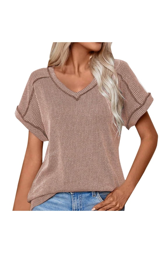 Womens Ribbed T Shirt Casual V Neck Tops Short Sleeve Loose Fitted Basic Tees Summer Trendy