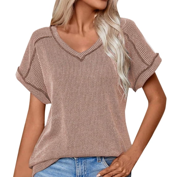 ABATAB Womens Ribbed T Shirt Casual V Neck Tops Short Sleeve Loose Fitted Basic Tees Summer Trendy