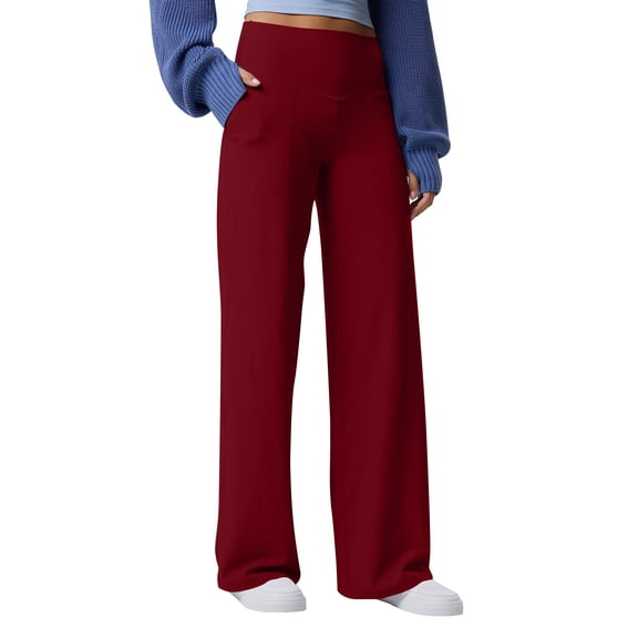 ABATAB Womens Ribbed Wide Leg Pants Elastic High Waisted Casual Comfy Workout Loose Fitted Soft Knit Trousers with Pockets