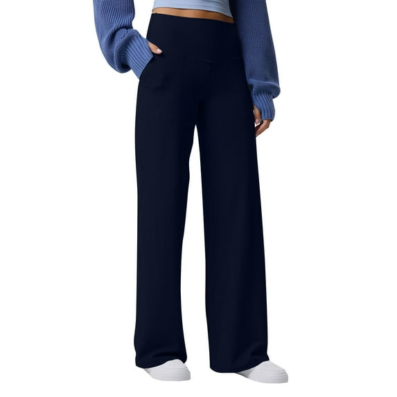 ABATAB Womens Ribbed Wide Leg Pants Elastic High Waisted Casual Comfy Workout Loose Fitted Soft Knit Trousers with Pockets